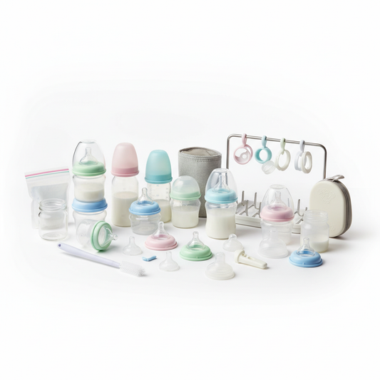 collection of various baby bottles in different sizes and pastel colors, with nipples, rings, bottle brushes, milk storage bags, a drying rack