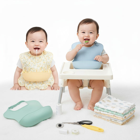 Babies wearing bibs next to sewing materials on a white background.