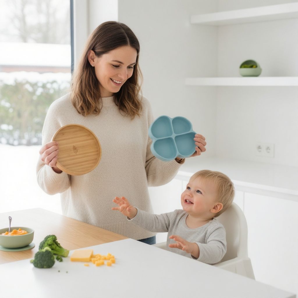 Mother feeding her toddler with eco-friendly bamboo spoon and silicone divided plates