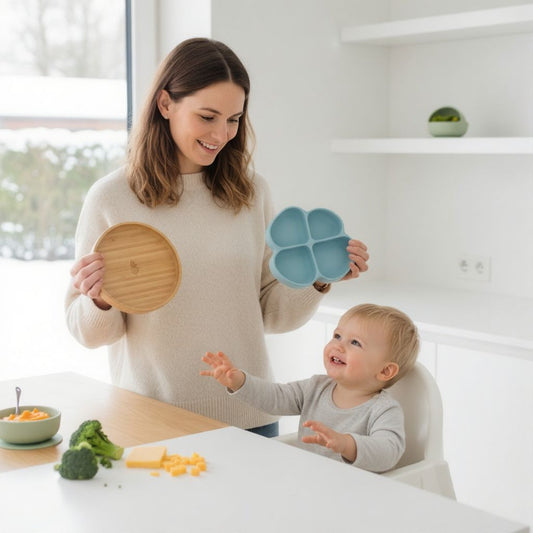 Mother feeding her toddler with eco-friendly bamboo spoon and silicone divided plates