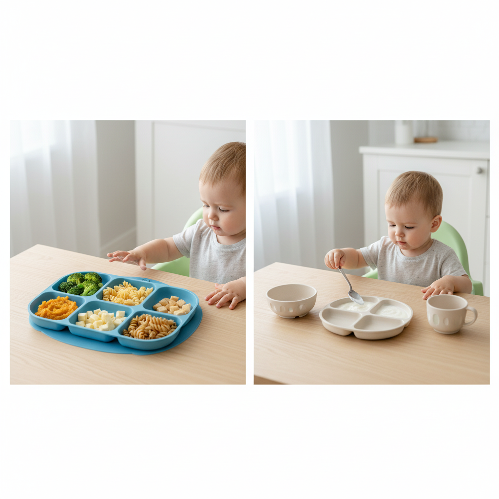 Divided plate versus individual plates for a toddler's meal.