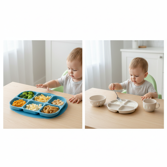 Divided plate versus individual plates for a toddler's meal.