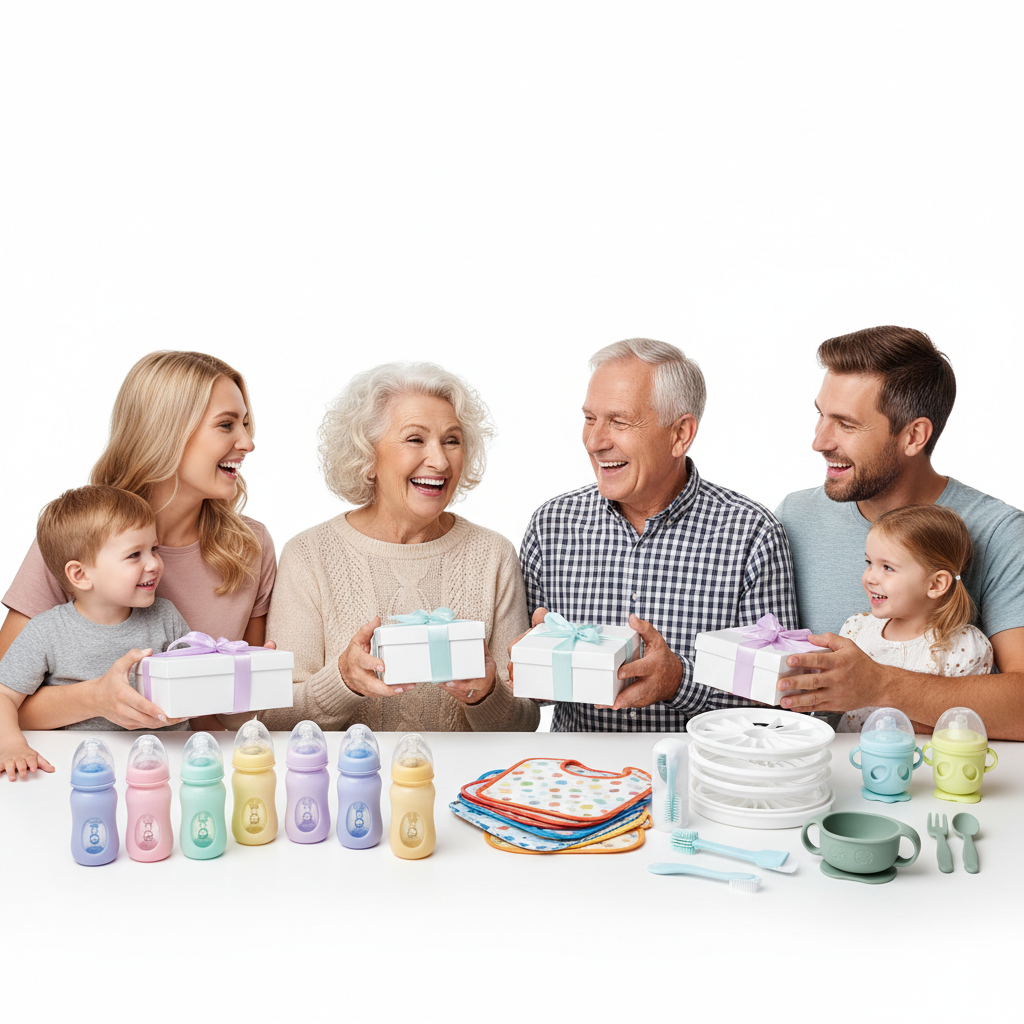 Happy family gifting feeding essentials: bottles, bibs, cups.
