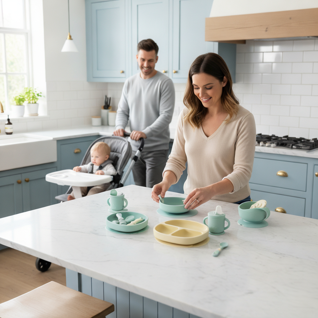 Family preparing baby's meal in a blue kitchen.