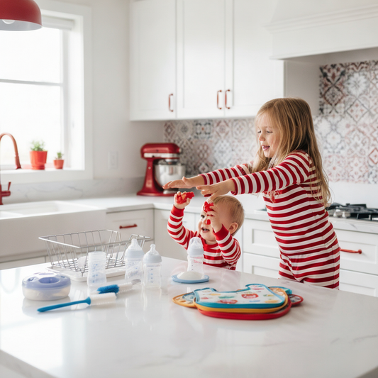 Toddlers in red and white pajamas reaching for baby products.