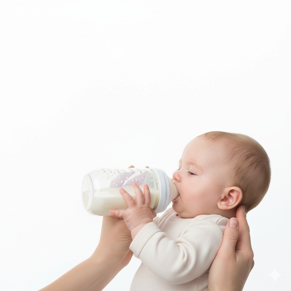 Baby feeding from anti-colic bottle, white background.