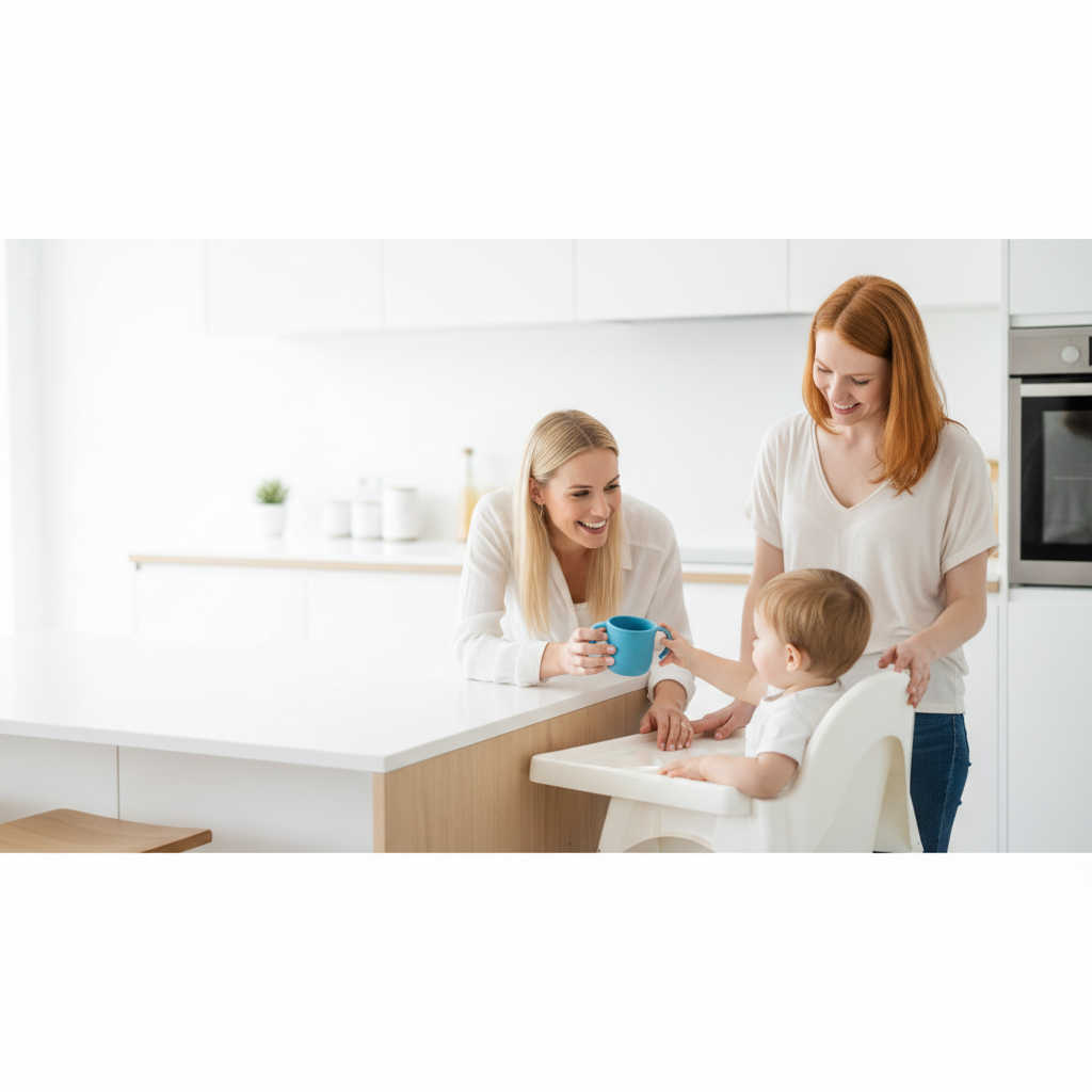 Blonde woman handing a cup to a toddler as a ginger woman smiles next to the baby in a white kitchen setting.