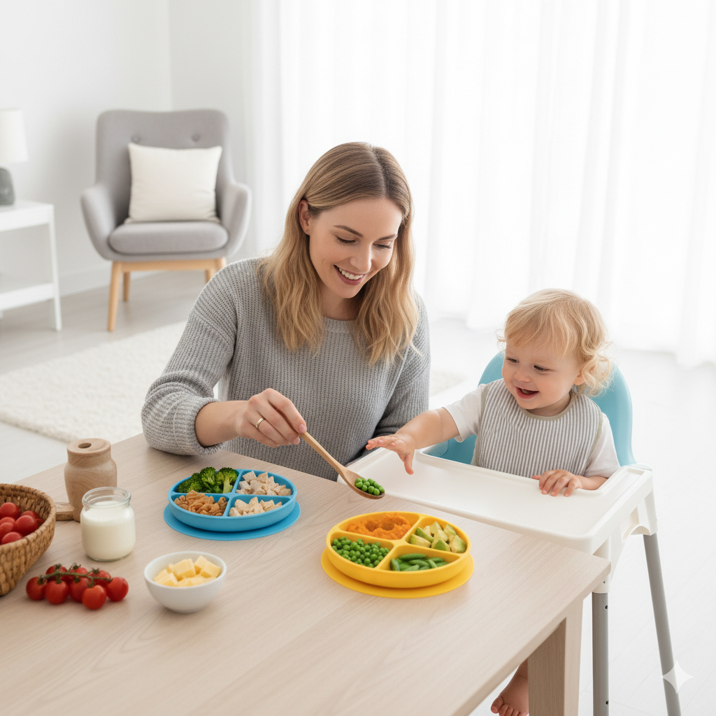 A young mother feeding her toddler a healthy meal.