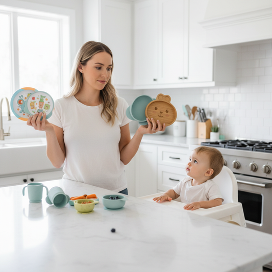 : A woman in a bright kitchen deliberates over various baby dishes made of plastic, silicone, and bamboo, while her baby in a high chair observes the selection of feeding options.