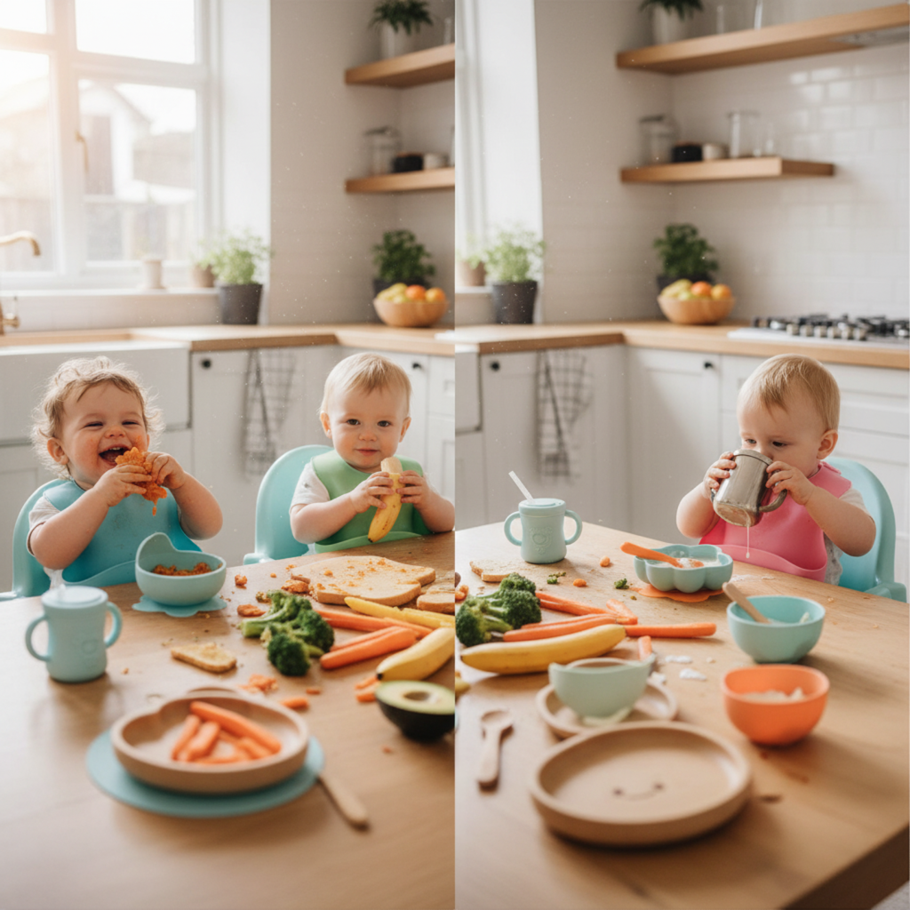 Six-month-old baby sitting upright in high chair practicing baby-led weaning.