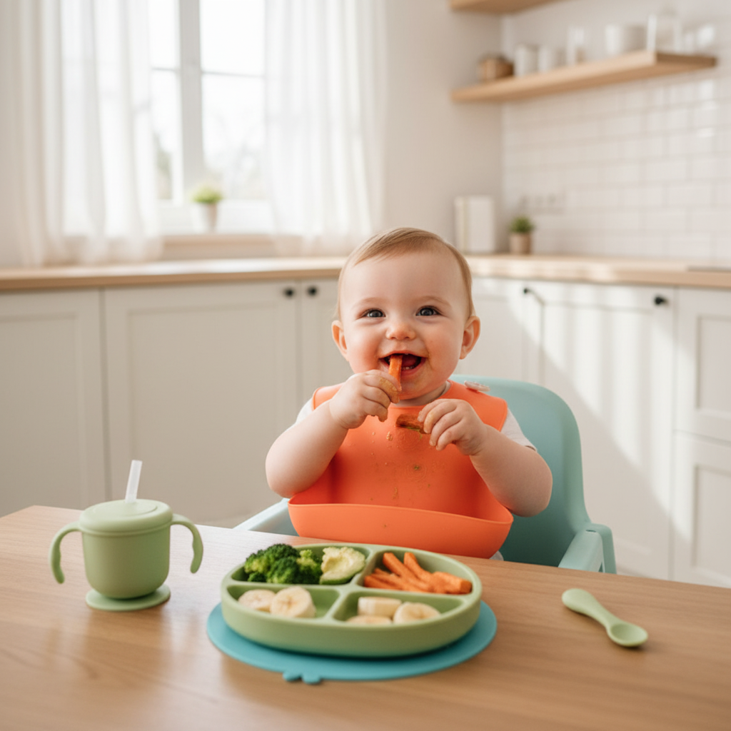 Baby exploring first solid foods with baby-led weaning method at 6 months.