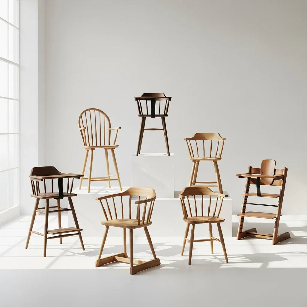 A beautiful, classic wooden high chair with a natural finish in a warm, inviting kitchen