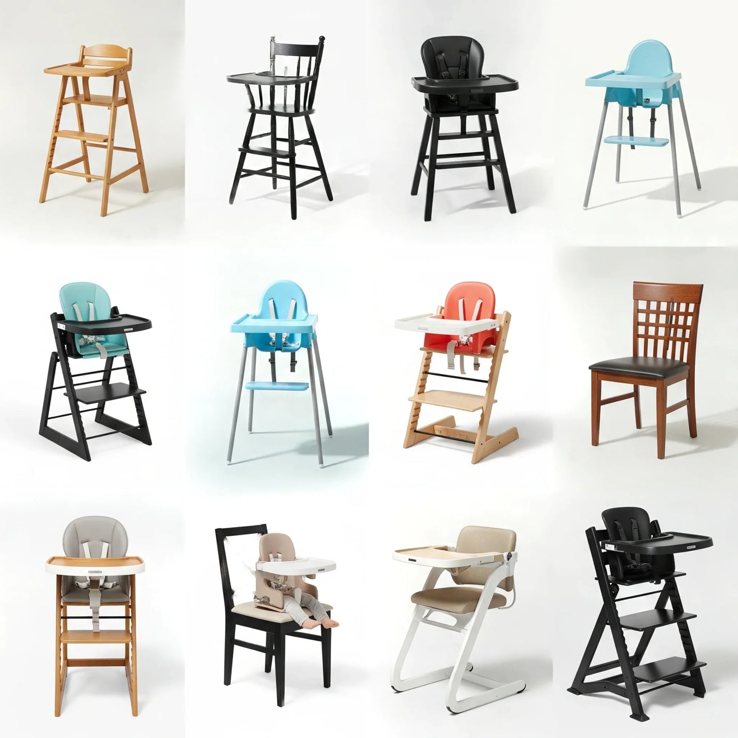 A beautiful, modern high chair with light wood legs and a white seat in a bright dining room