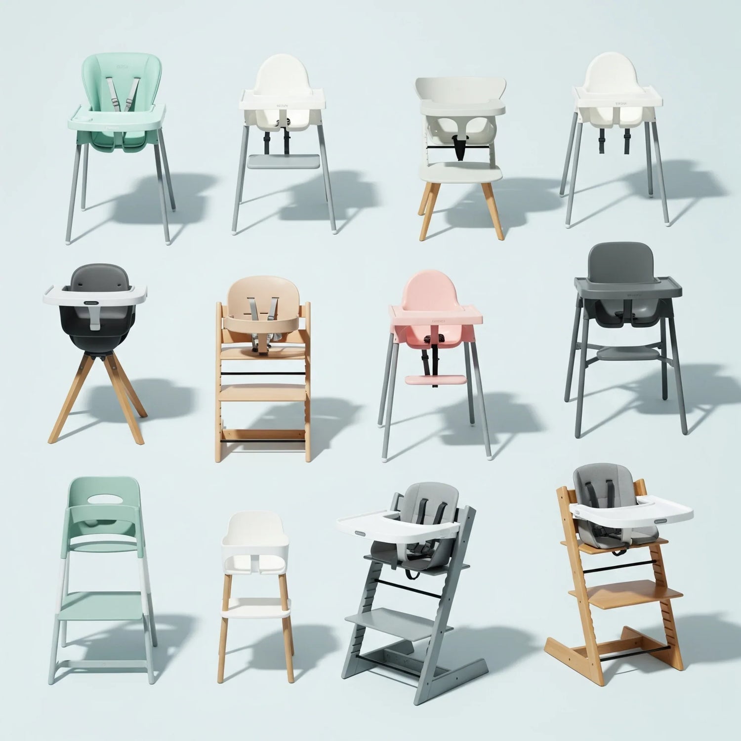 A chic, modern high chair with a white seat and light wood legs in a Scandinavian-style dining room