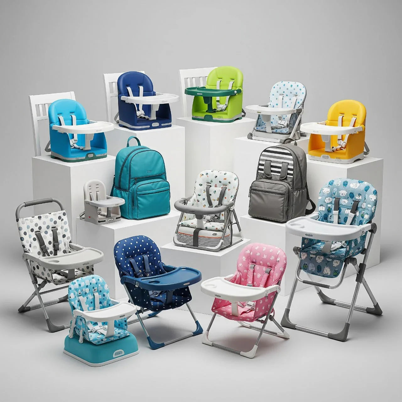 A stylish, compact portable high chair securely strapped to a modern cafe chair