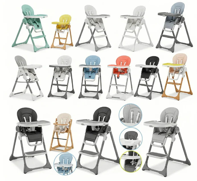A versatile convertible high chair shown in its infant, toddler, and youth chair configurations