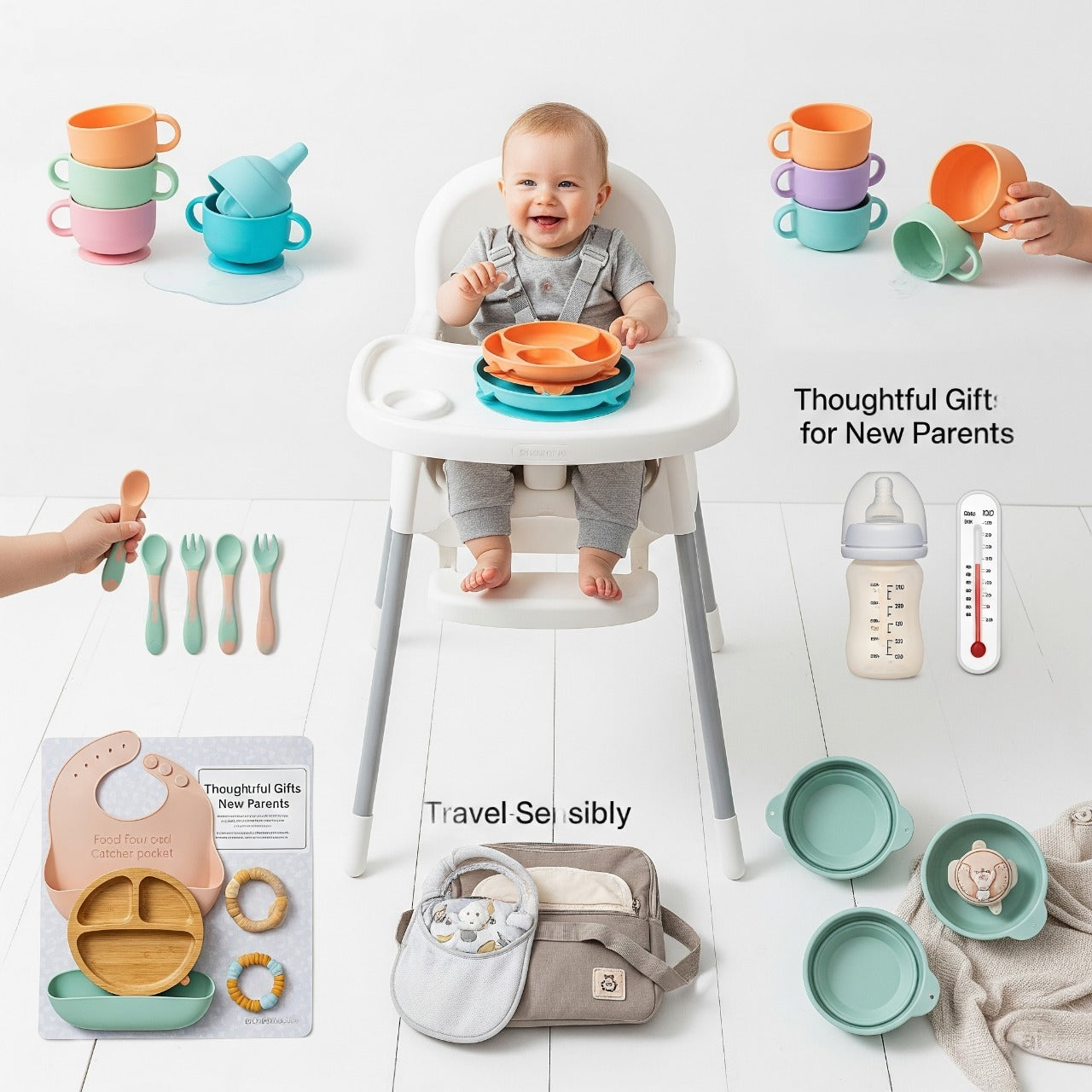 A graphic showcasing different baby feeding 'solutions' like weaning sets and on-the-go gear.