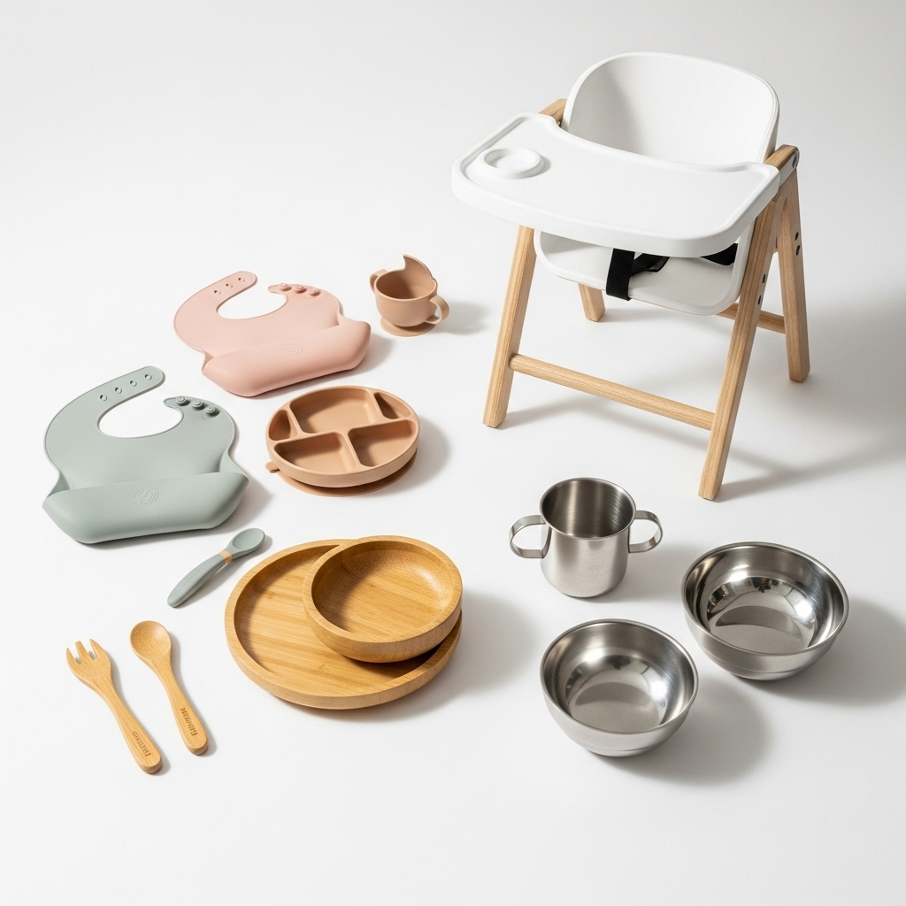 A triptych image showing silicone, bamboo, and stainless steel baby tableware side-by-side.