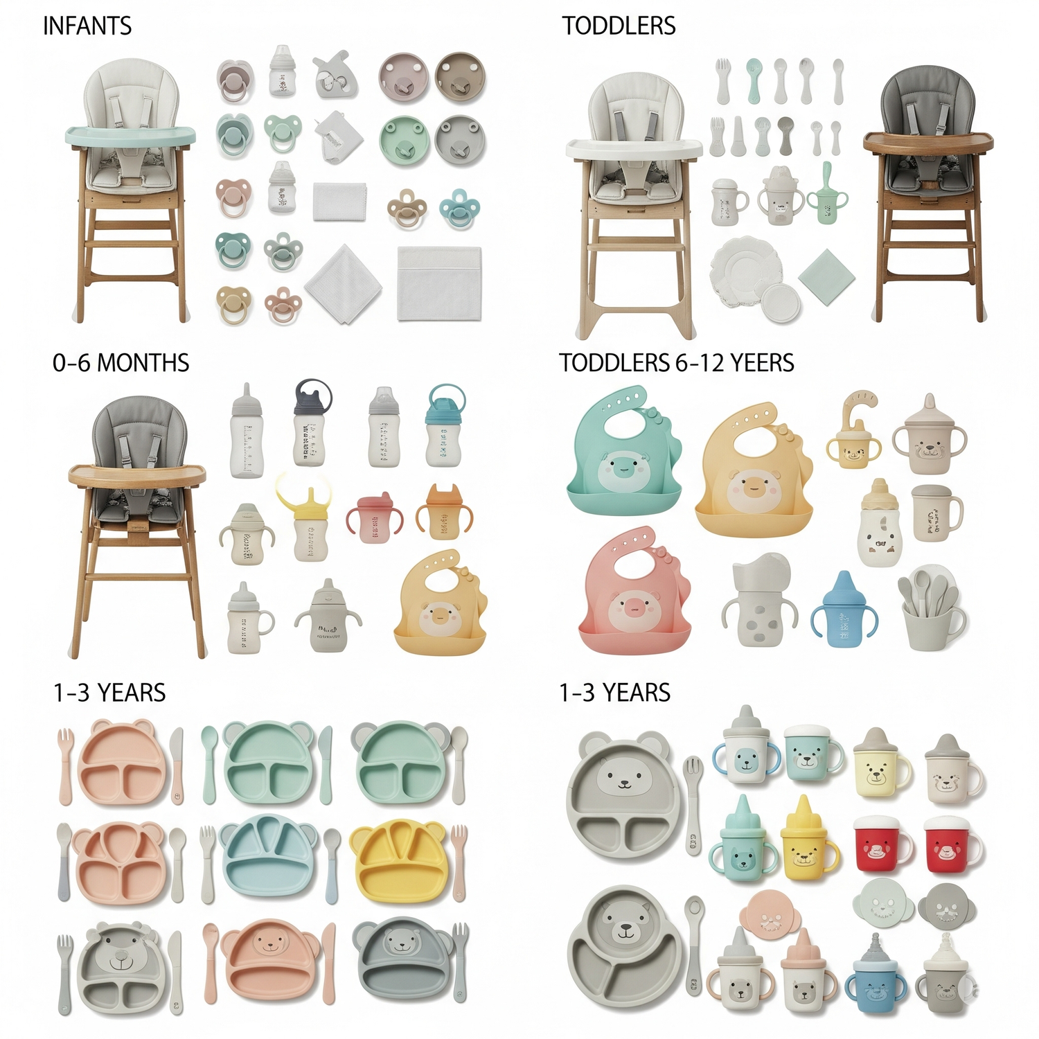 A sequence of images showing a baby, an older baby, and a toddler at their respective feeding stages.