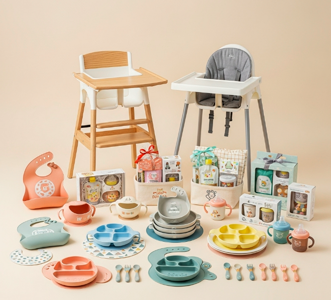 A clean, organized grid-like image showing different types of baby tableware categories.