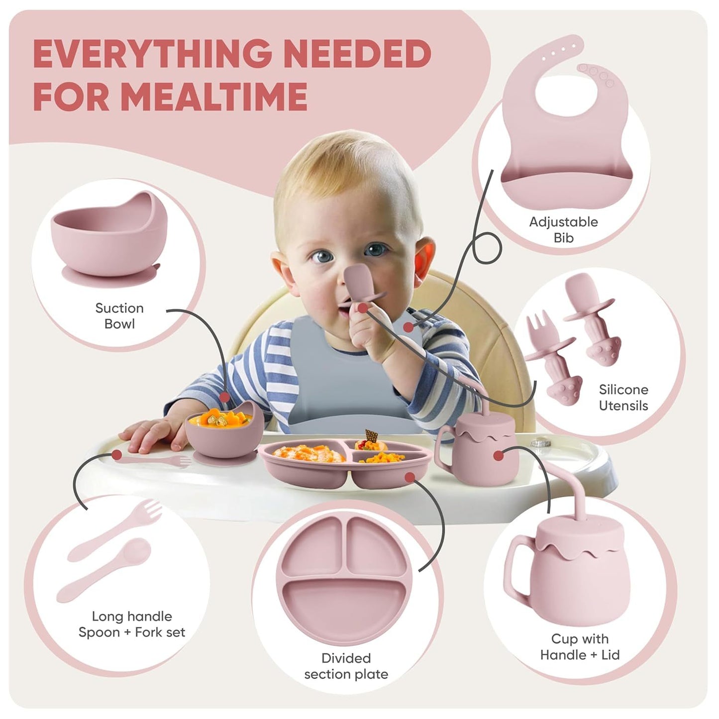 Saquela siliconen babyvoedingsset met zuignap – 10-delige baby-led weaning benodigdheden: zuigkom, verdeelde plaat, verstelbare zachte slab, lepel, vork, snackbeker en bestek, Sakura roze | Essentiële maaltijdset voor peuters