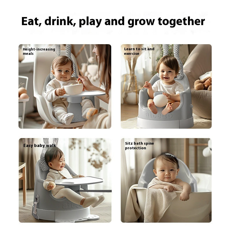 Baby chair with various uses including eating, sitting, playing, and walking.