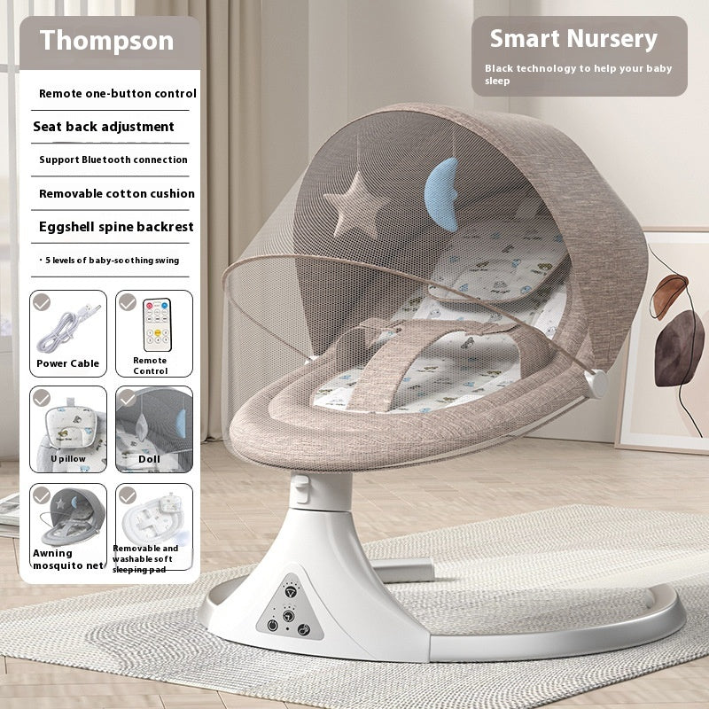 Baby swing with mosquito net and remote control panel on a wooden floor.
