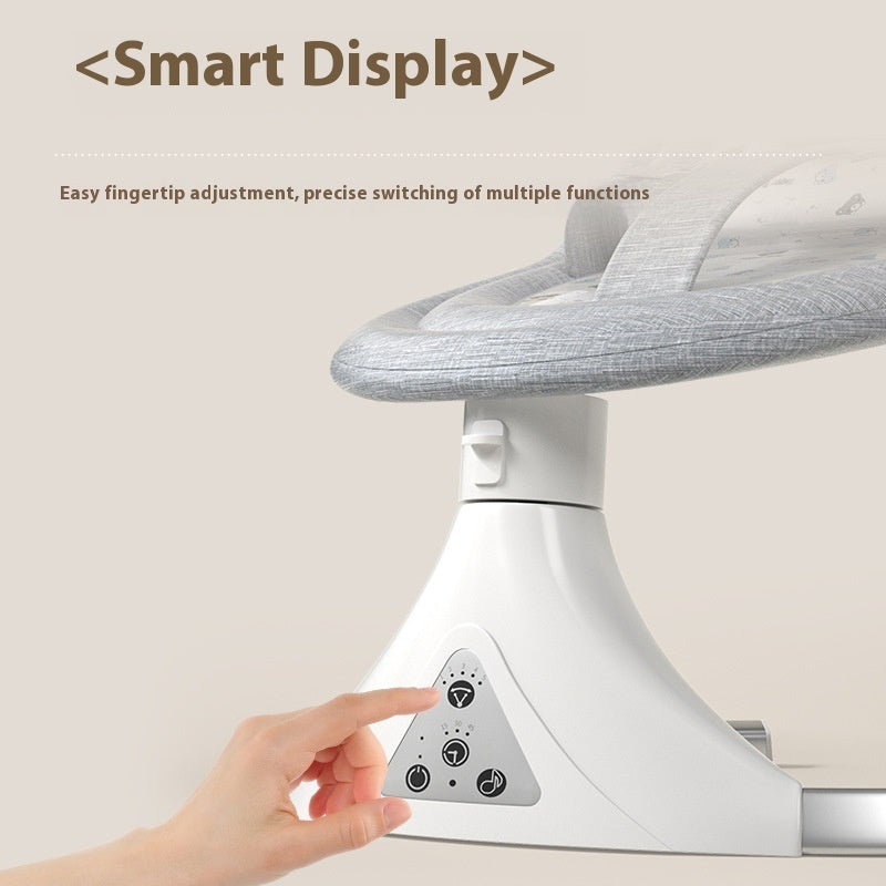 Smart display with a hand adjusting settings on a beige background