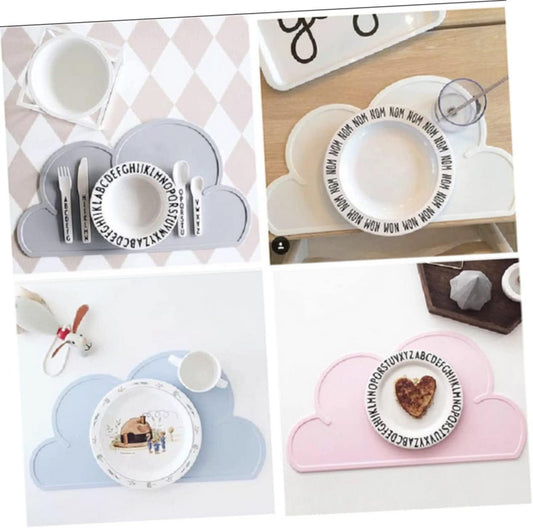 Collage of cloud-shaped placemats with various designs on a white background
