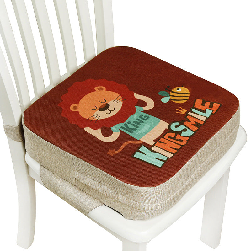 Chair cushion with a lion design and text on a white chair