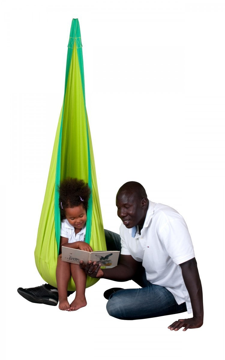 Man and child in a green hanging chair reading a book on a white background