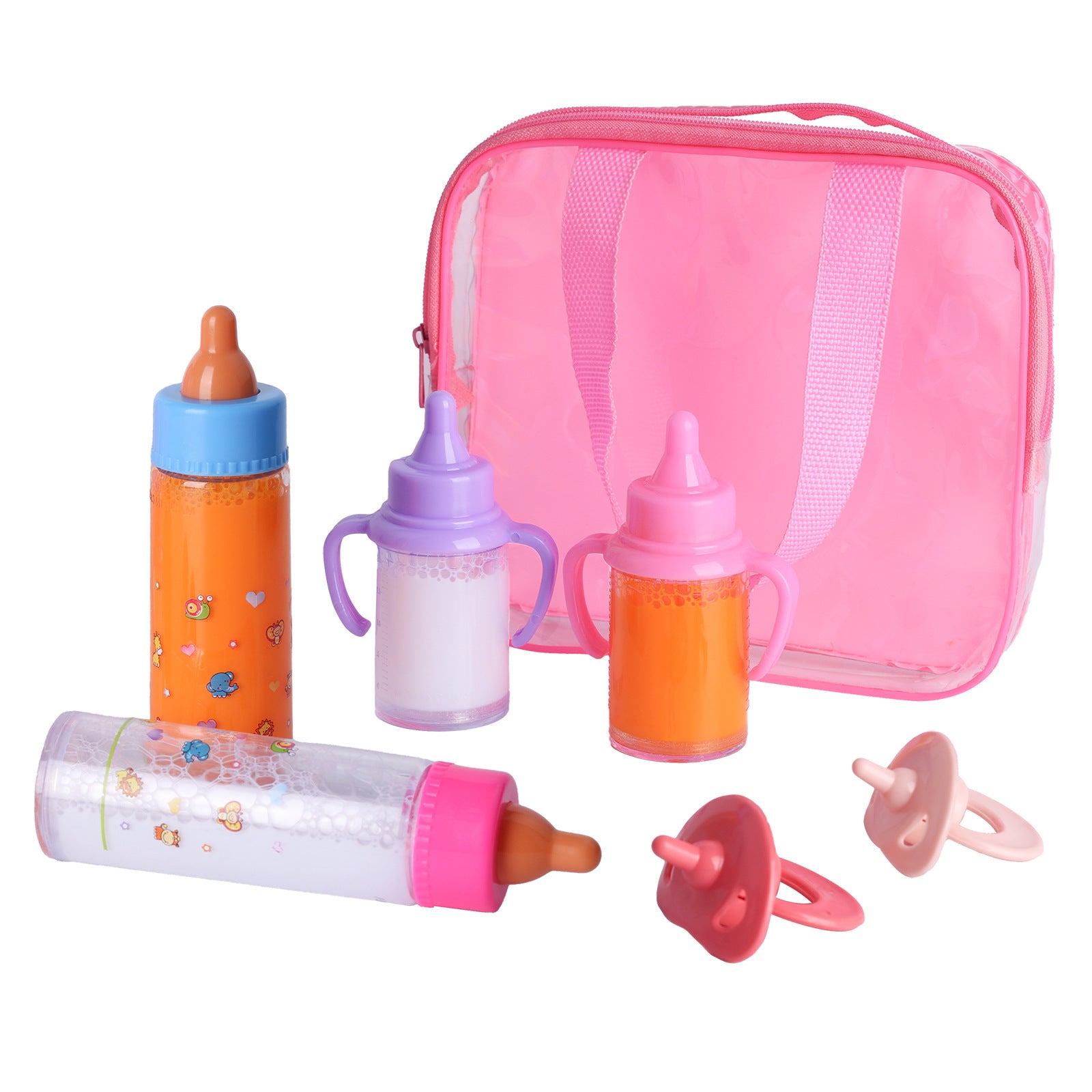 Set of baby bottles, sippy cups, and pacifiers with a pink carrying case on a white background