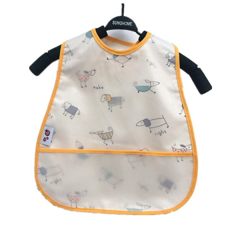 Baby bib with animal patterns on a hanger against a white background