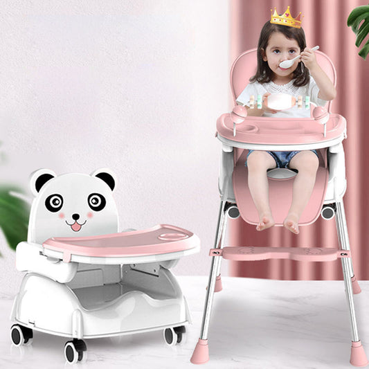 Child in a pink high chair with a panda-themed tray next to it.
