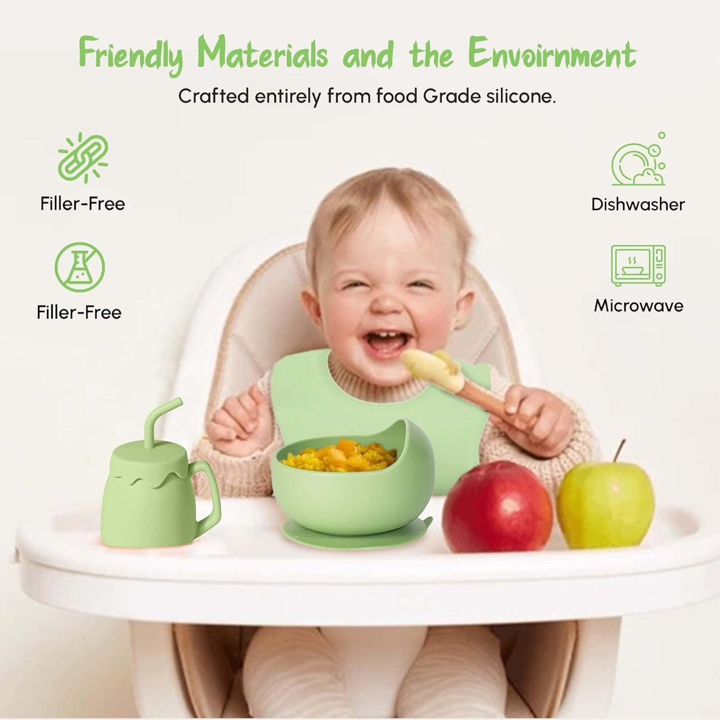 Adlytee siliconen babyvoedingsset met zuignap – 10-delige baby-led weaning benodigdheden: kom, verdeelde plaat, verstelbare zachte slab, lepel, vork, snackbeker en bestek, groen | essentiële maaltijdset voor peuters