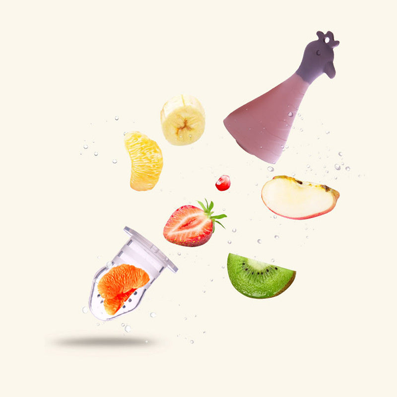Fruit slices and a blender cup with a purple lid on a white background