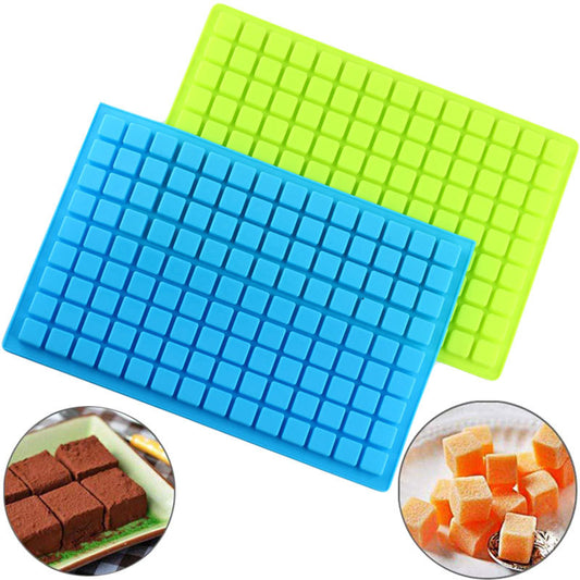 Two silicone molds, one blue and one green, on a white background with insets showing their use.