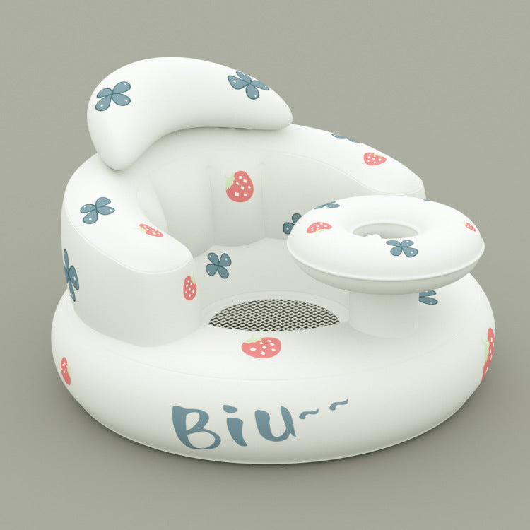 White inflatable baby seat with floral and strawberry patterns on a gray background