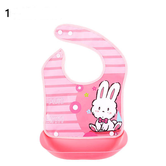 Pink baby bib with a cartoon bunny design on a white background