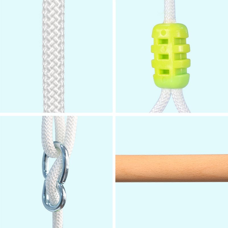 Close-up of a green plastic clip on a white rope against a light blue background.