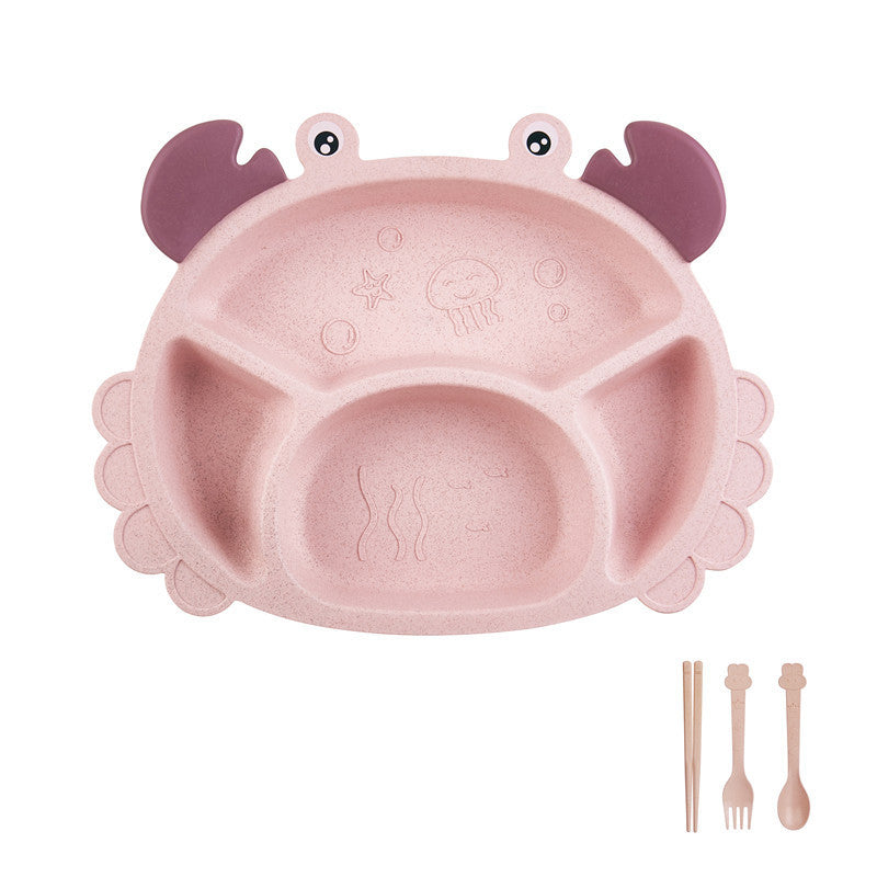 Pink children's plate with crab design and accompanying cutlery on a white background