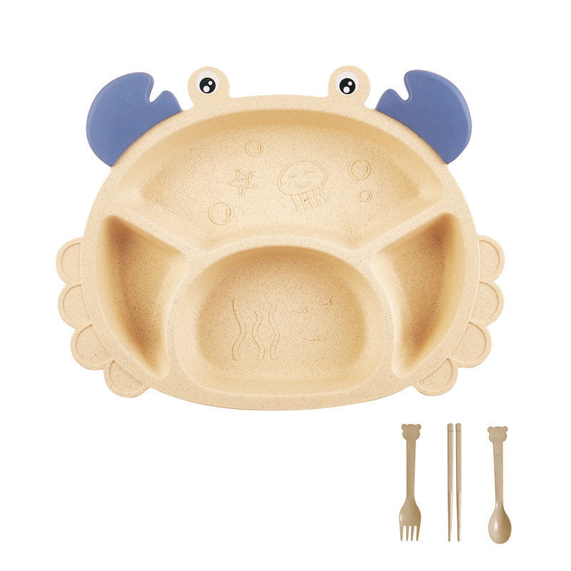 Children's plate with crab design and utensils on a white background