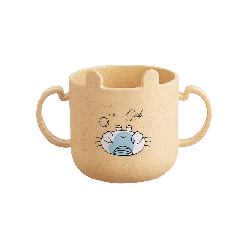Beige cup with cartoon crab design on a white background