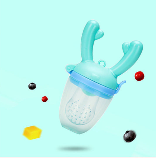 Blue baby fruit feeder with colorful fruits on a light blue background