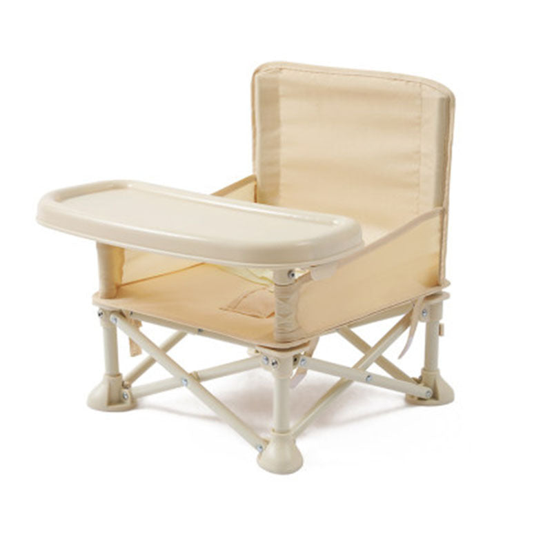 Beige baby high chair with tray on a white background