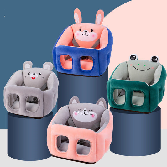 Four cartoon animal-themed baby seats in different colors on a gradient background