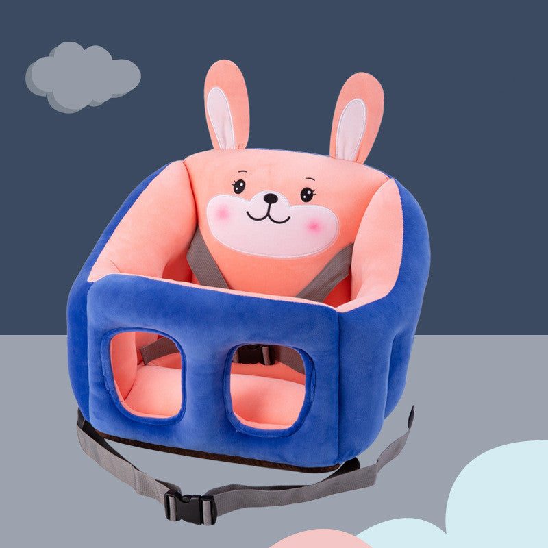 Children's safety seat with a cartoon rabbit design on a blue and gray background