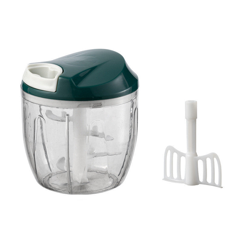 Blender container with green lid and white attachments on a white background
