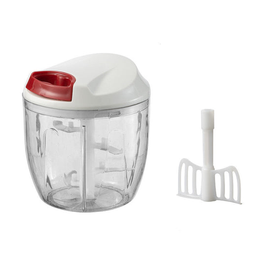 White and red kitchen chopper with a clear container on a white background