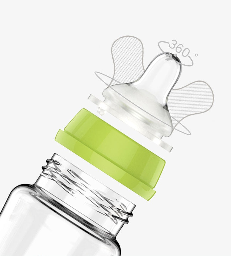 Clear bottle with green cap and white nipple on a white background